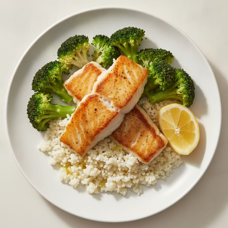Seared Cod with Steamed Broccoli and Cauliflower Rice