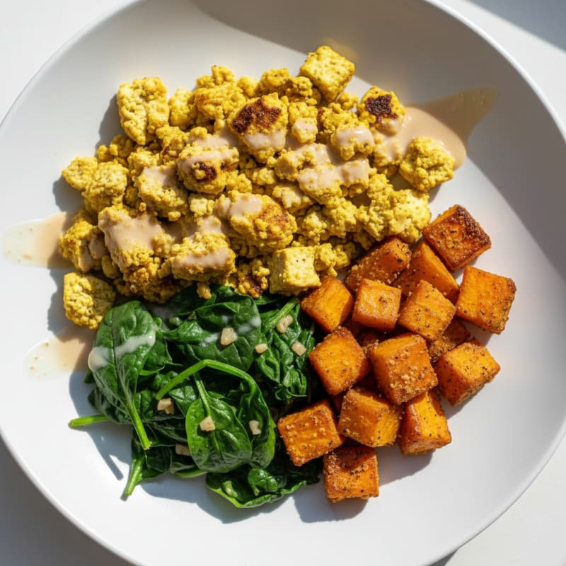 Creamy Tofu Scramble with Sautéed Spinach and Roasted Sweet Potatoes