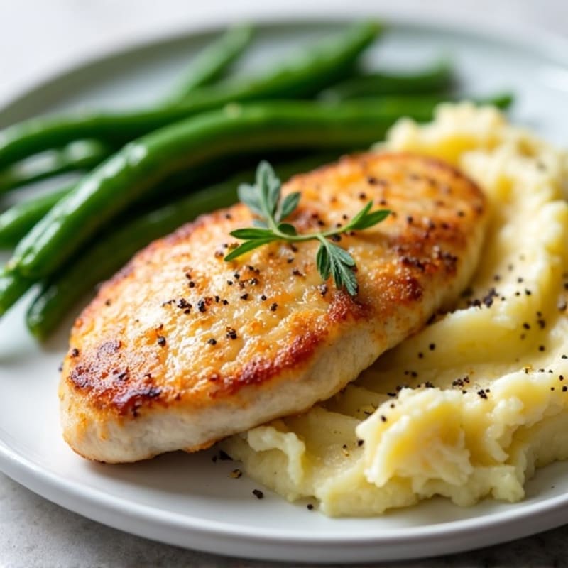 Pan-Seared Chicken Breast with Creamy Buttery Garlic Mashed Potatoes and Roasted Green Beans