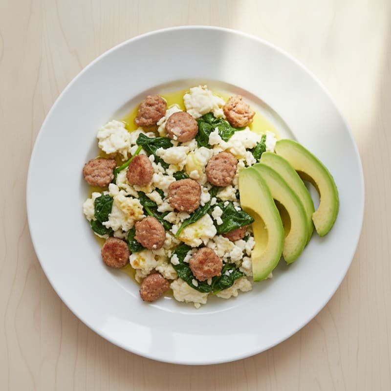 Egg White and Turkey Sausage Scramble with Wilted Spinach