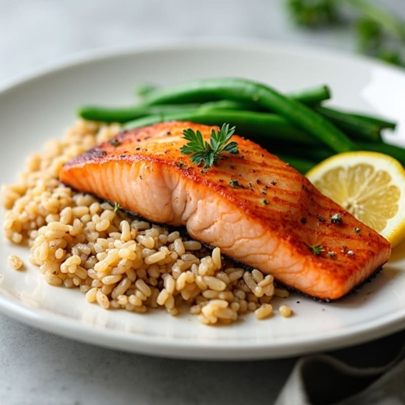 Seared Salmon with Steamed Green Beans and Brown Rice