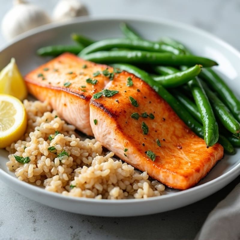 Seared Salmon Fillet with Garlic Green Beans and Brown Rice