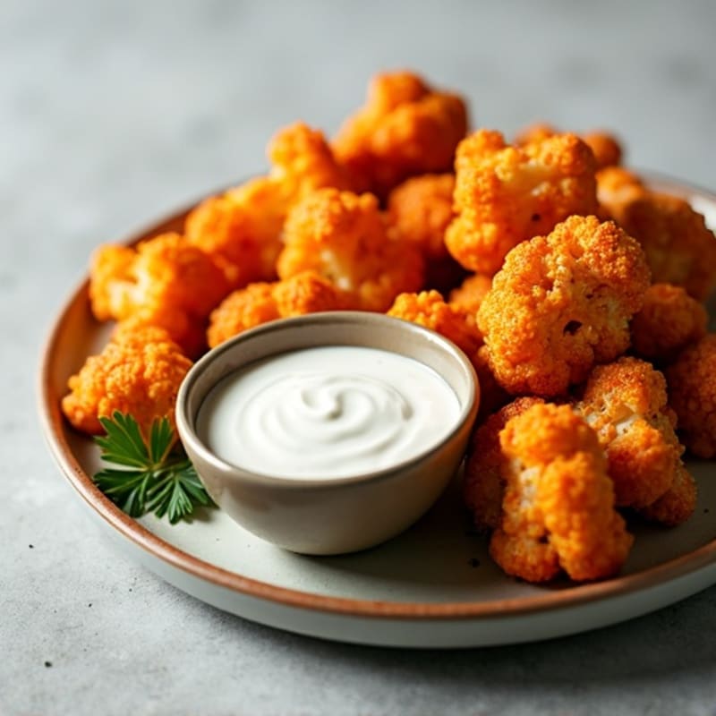 Crispy Roasted Buffalo Cauliflower Bites with Protein-Packed Greek Yogurt Dip