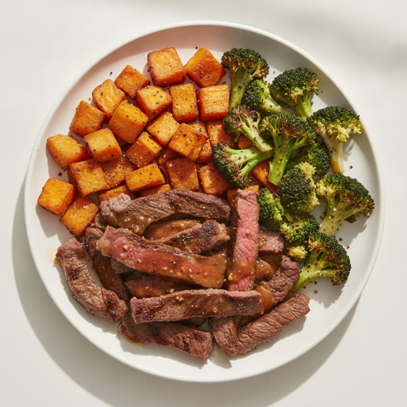 Seared Lean Beef Strips with Roasted Broccoli and Sweet Potato