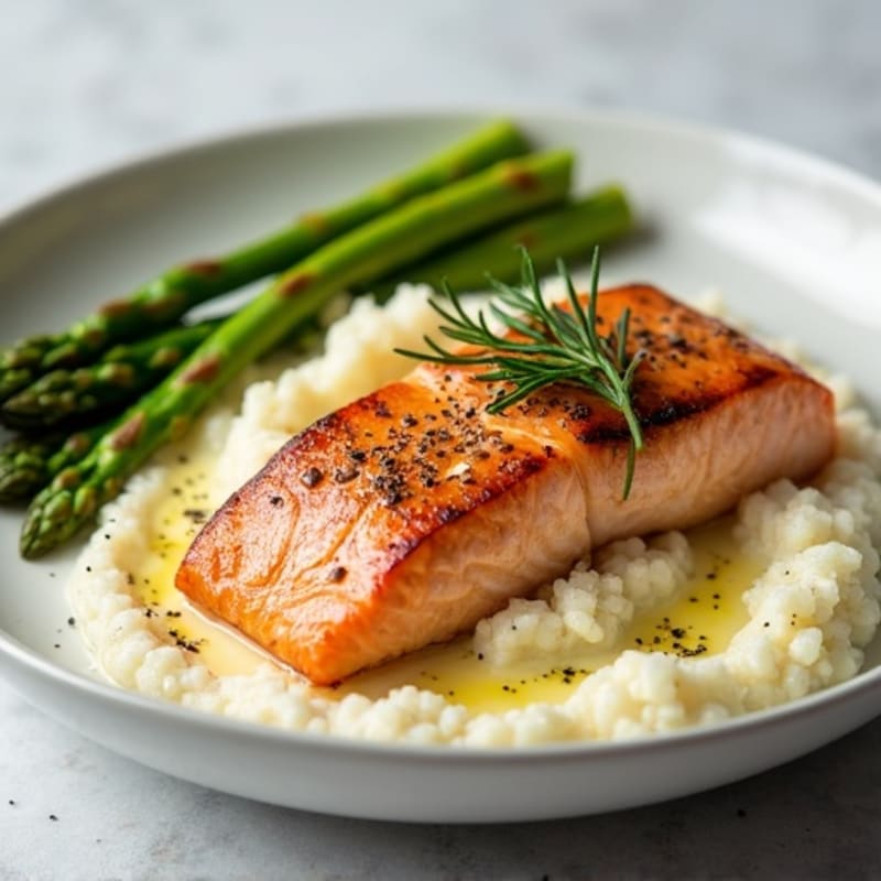 Seared Salmon with Steamed Asparagus and Cauliflower Mash
