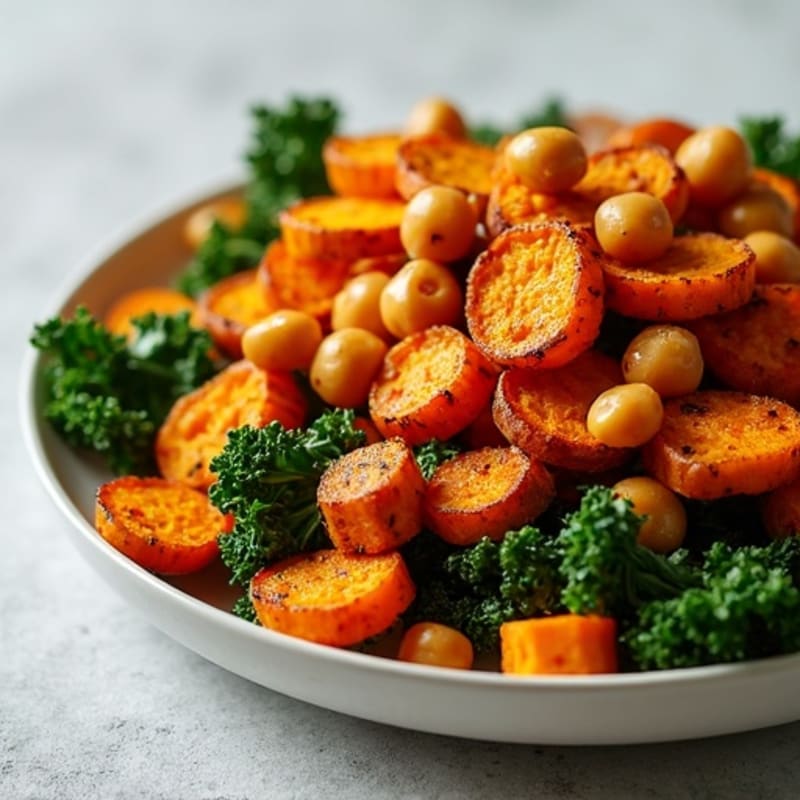 Crispy Baked Sweet Potato and Kale Chips with Spiced Tofu & Chickpeas