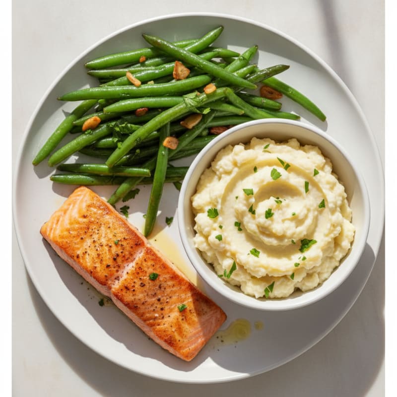 Seared Salmon Fillet with Garlic Green Beans and Herb-Cauliflower Mash