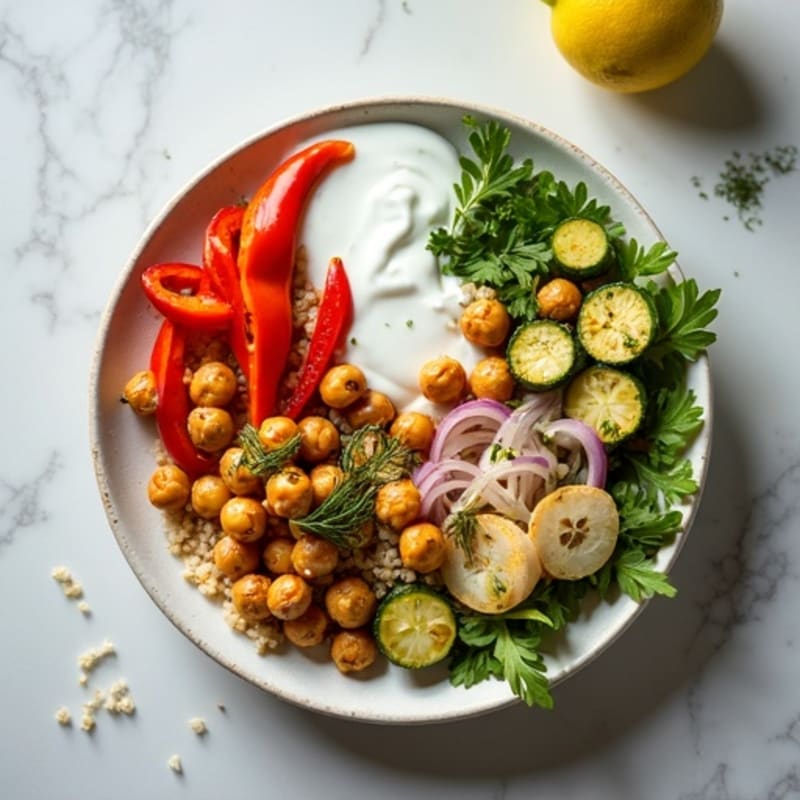 Crispy Chickpea and Roasted Vegetable Bowl with Creamy Herb Yogurt Sauce