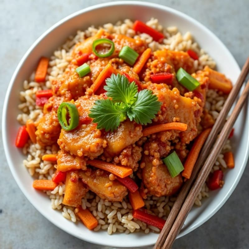 Spicy Kimchi Chicken Stir-Fried Brown Rice with Crispy Veggies