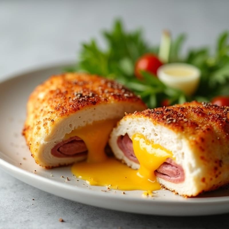 Crispy Baked Chicken Breast Stuffed with Savory Meats and Melty Cheese