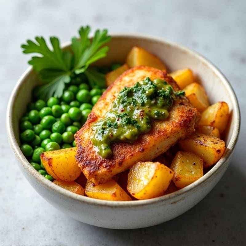 Spiced Chicken and Crispy Potato Pea Bowl with Fresh Cilantro Chutney