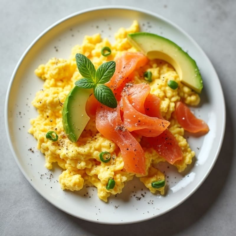 Creamy Scrambled Eggs with Smoked Salmon and Fresh Avocado