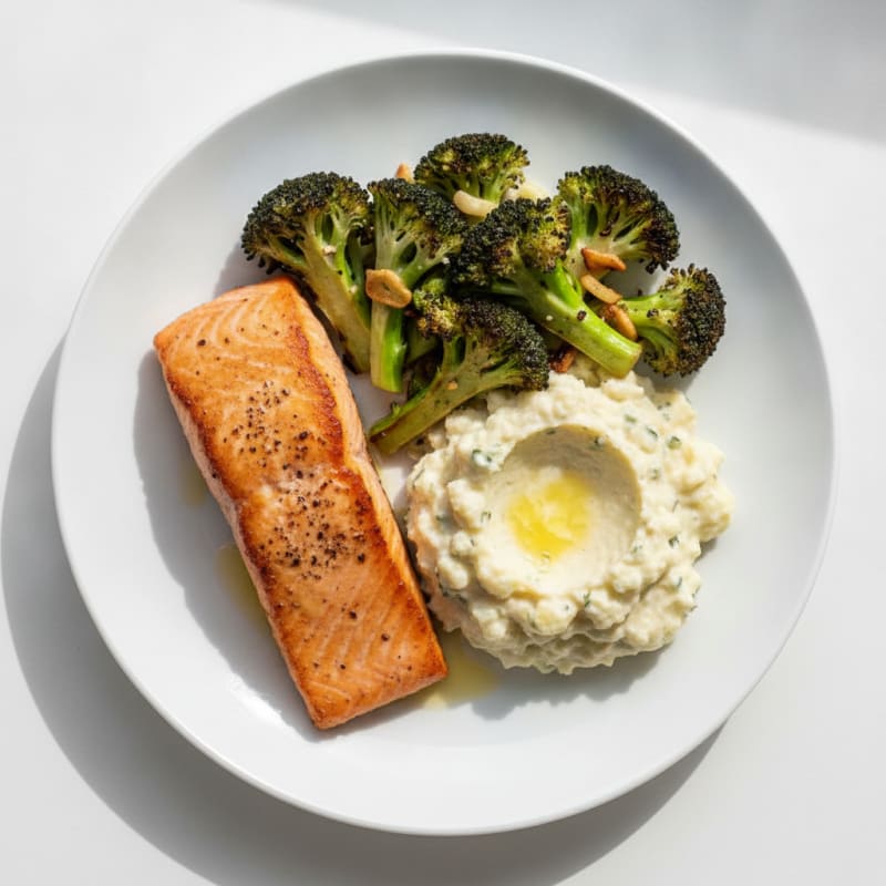 Seared Salmon with Roasted Broccoli and Garlic Mashed Cauliflower