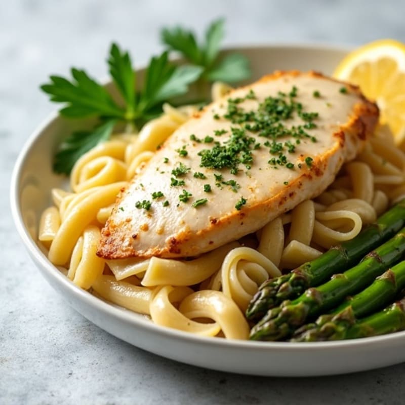 Creamy Lemon Herb Chicken Pasta with Roasted Asparagus