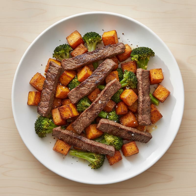 Seared Beef Strips with Roasted Sweet Potatoes and Broccoli