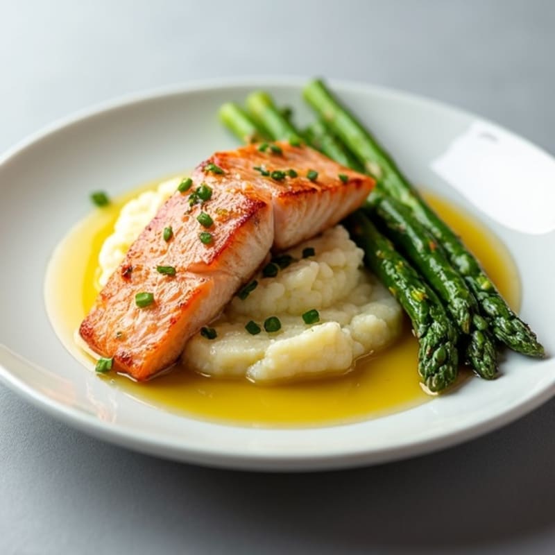 Seared Salmon with Roasted Asparagus and Cauliflower Mash