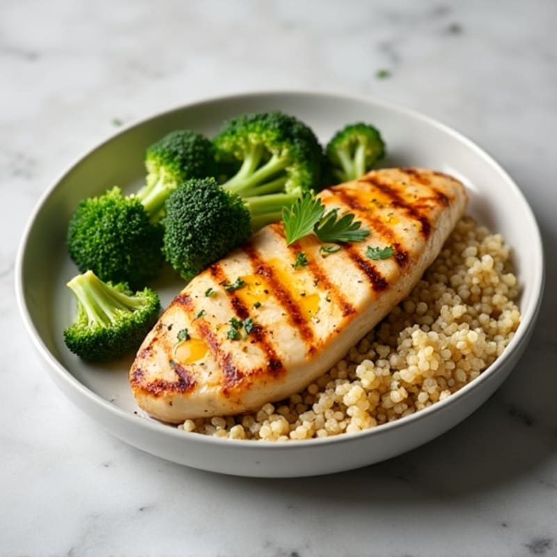 Grilled Chicken Breast with Steamed Broccoli and Quinoa