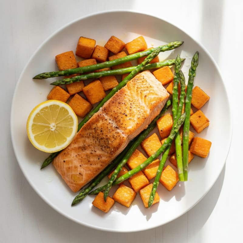 Seared Salmon with Roasted Sweet Potato and Asparagus