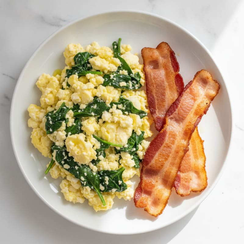 Cottage Cheese Egg Scramble with Spinach and Turkey Bacon