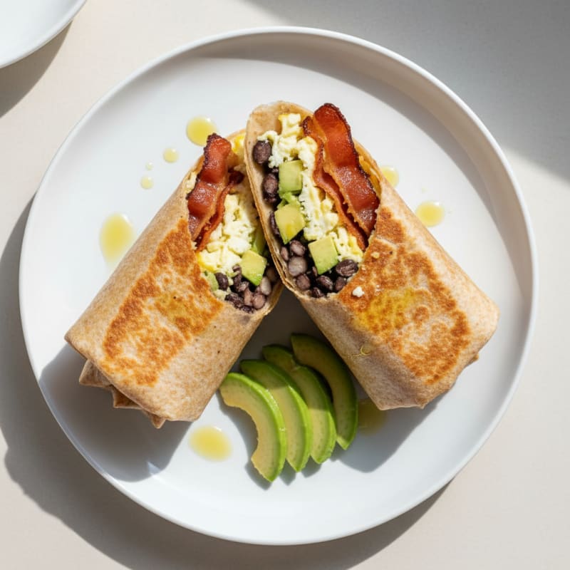 Crispy Turkey Bacon and Egg White Breakfast Burrito with Avocado