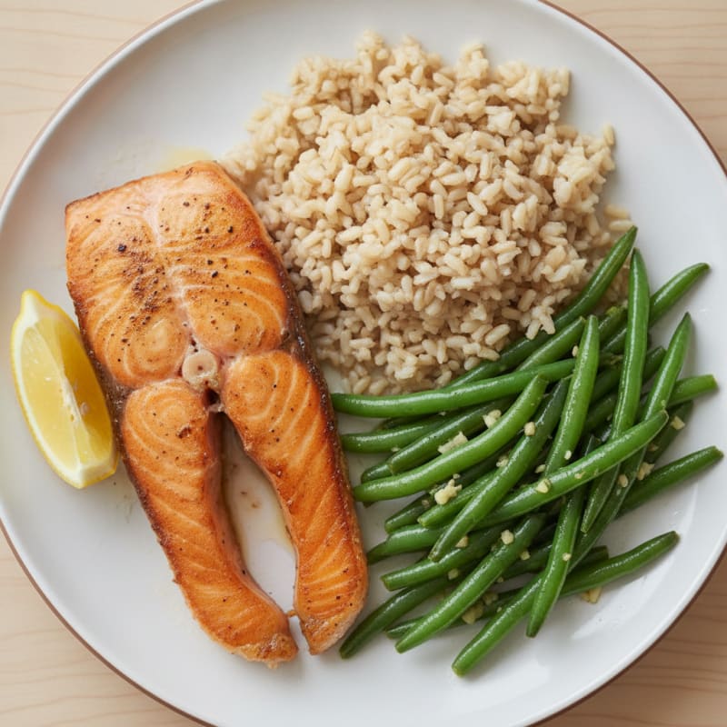 Seared Salmon with Garlic Green Beans and Brown Rice