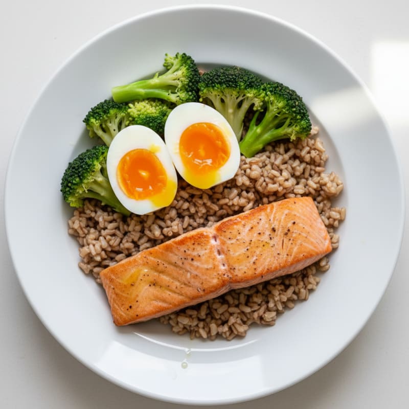 Seared Salmon Fillet with Steamed Broccoli and Brown Rice