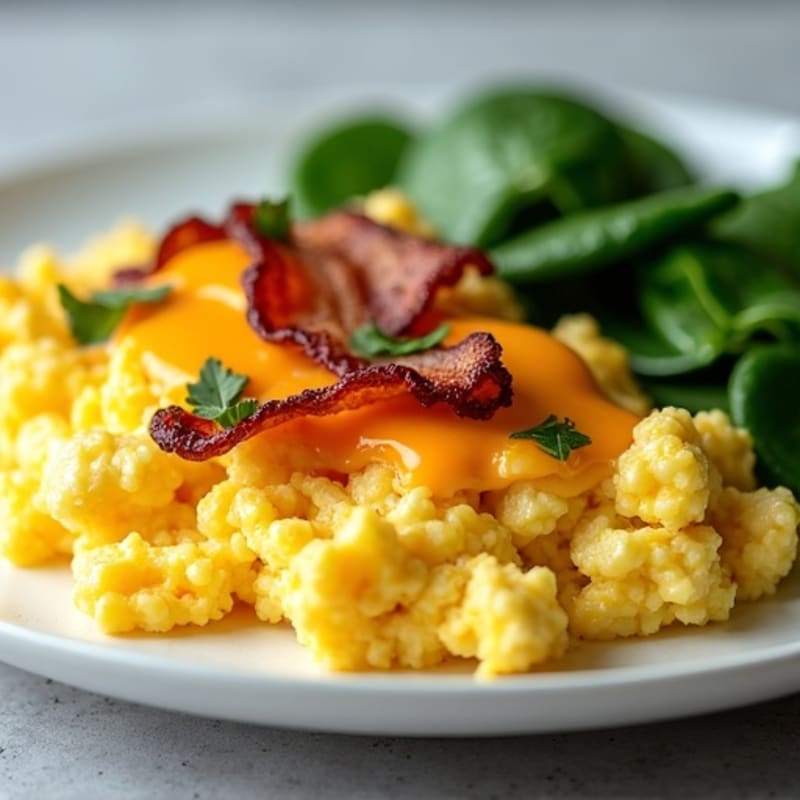 Savory Scrambled Eggs with Crispy Turkey Bacon, Melted Sharp Cheddar, and Fresh Spinach