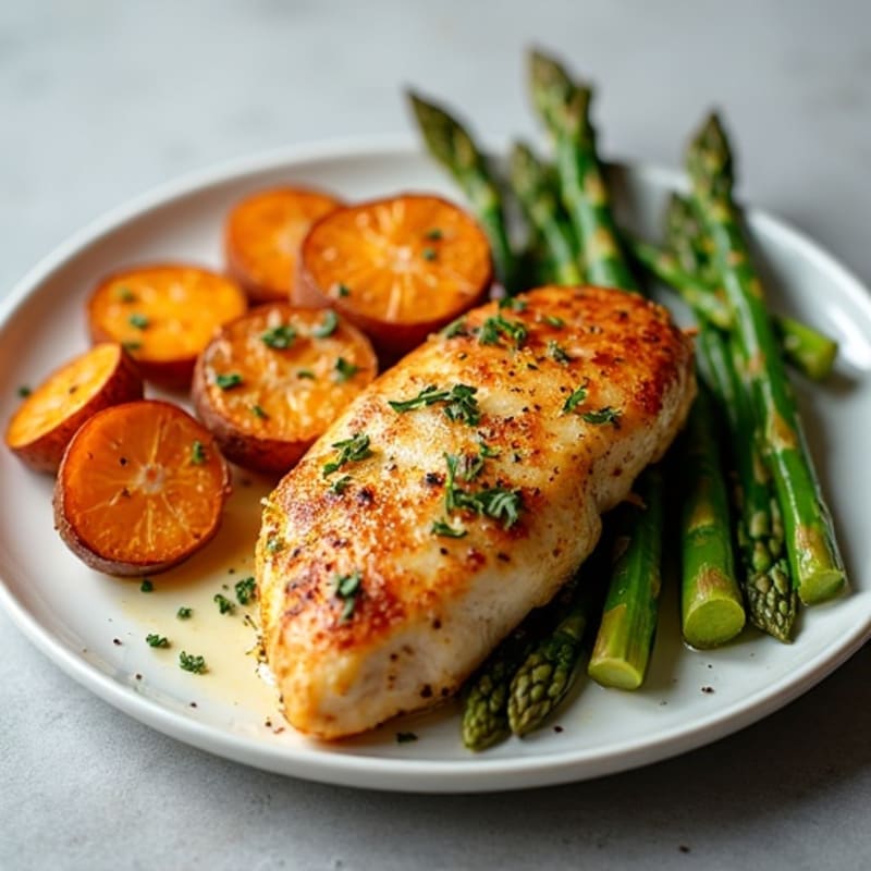 Crispy Lemon-Herb Chicken with Roasted Sweet Potatoes and Asparagus