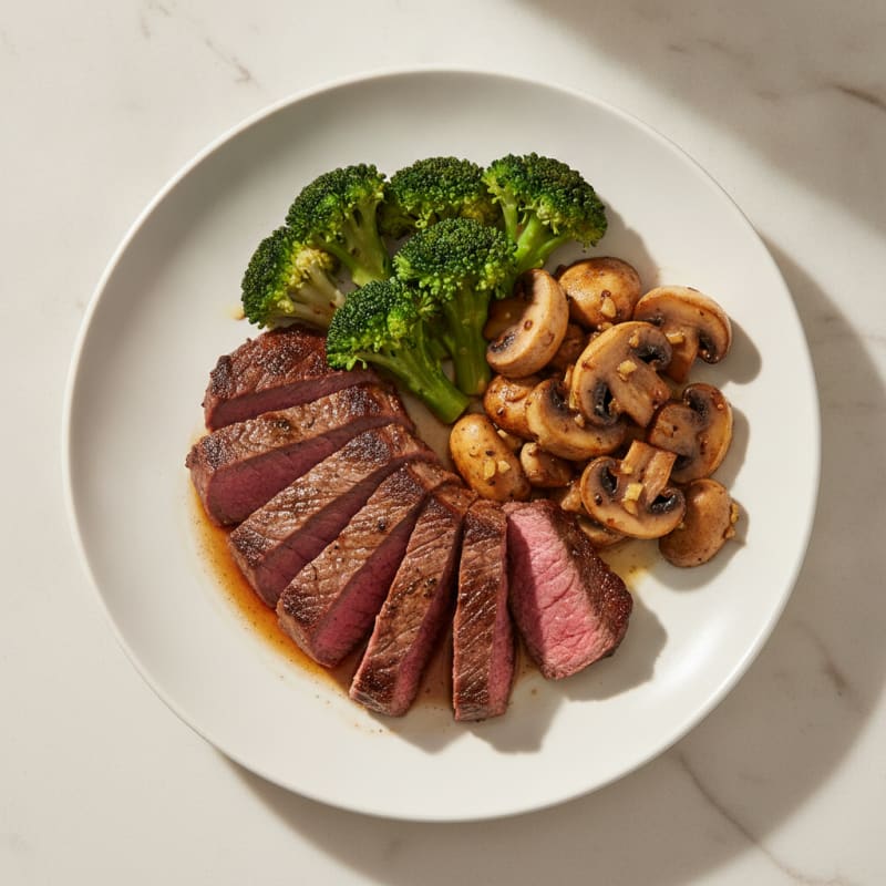 Seared Lean Beef with Steamed Broccoli and Garlic Mushrooms