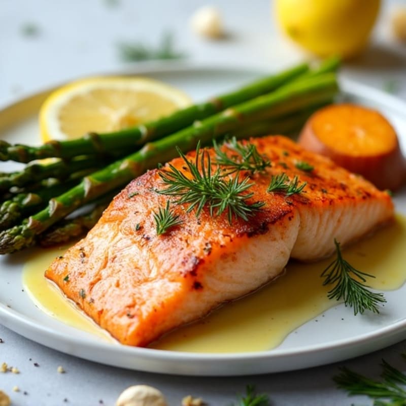 Crispy Lemon-Herb Pan-Seared Salmon with Roasted Asparagus and Sweet Potato