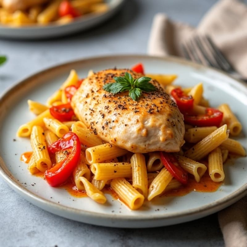 Spicy Pan-Seared Chicken with Creamy Pasta and Roasted Bell Peppers