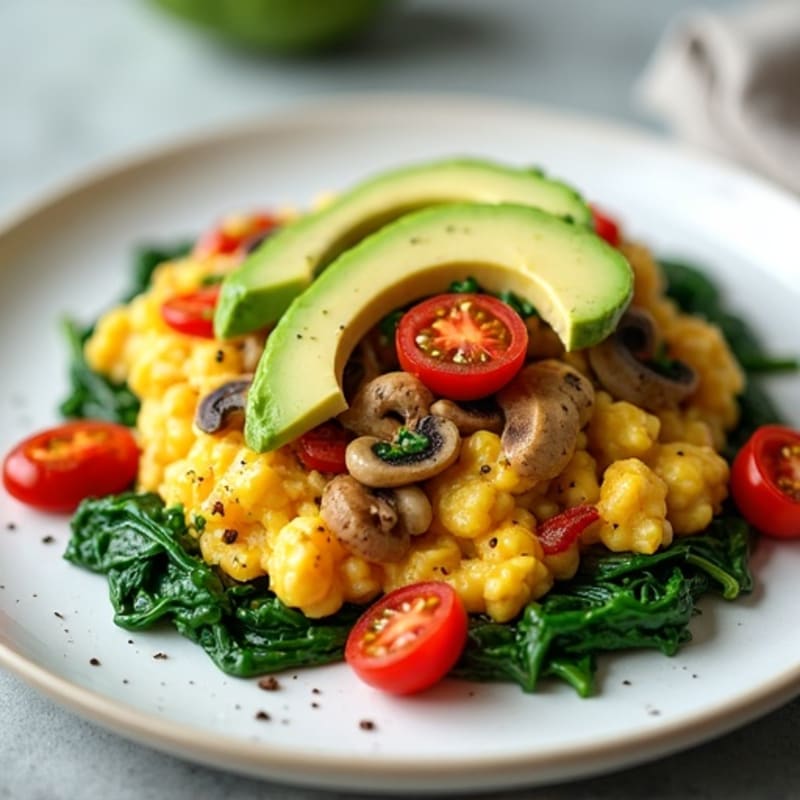 Egg White Vegetable Scramble with Sautéed Spinach
