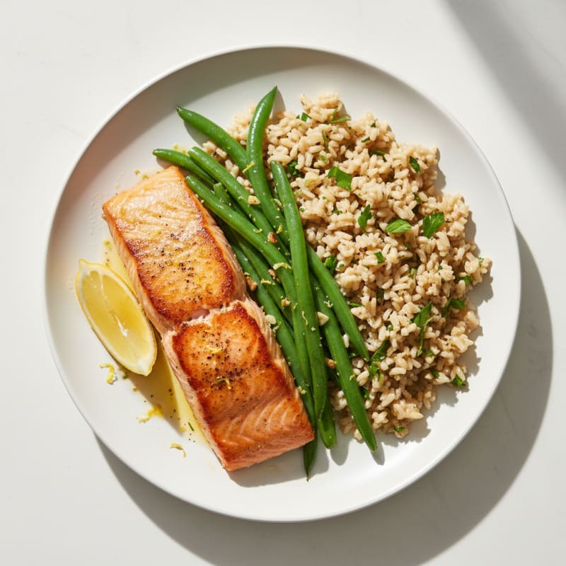 Seared Salmon with Garlic Green Beans and Herb Brown Rice