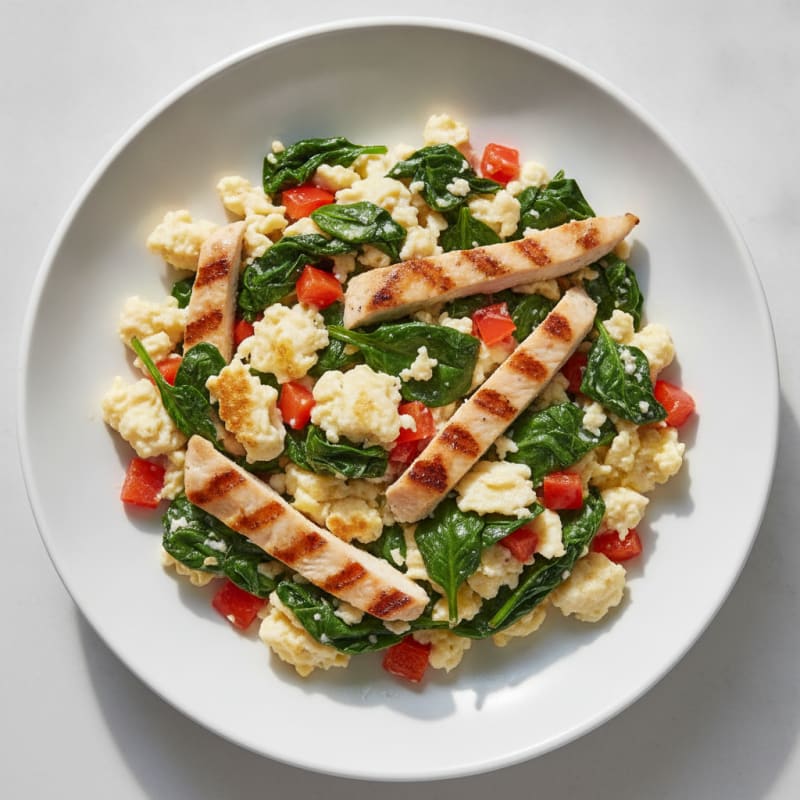 Egg White Scramble with Spinach, Bell Pepper, and Grilled Chicken