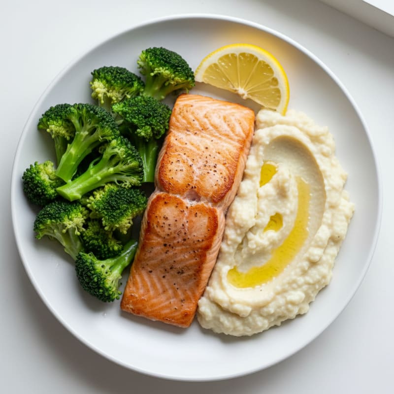 Seared Salmon Fillet with Steamed Broccoli and Garlic Cauliflower Mash
