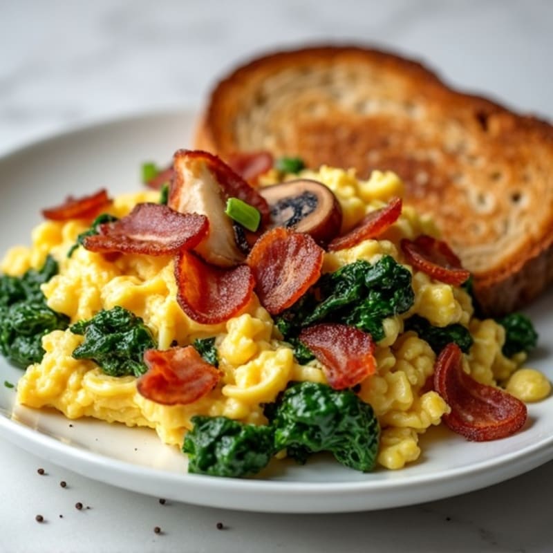 Crispy Turkey Bacon Egg White Scramble with Spinach and Mushrooms
