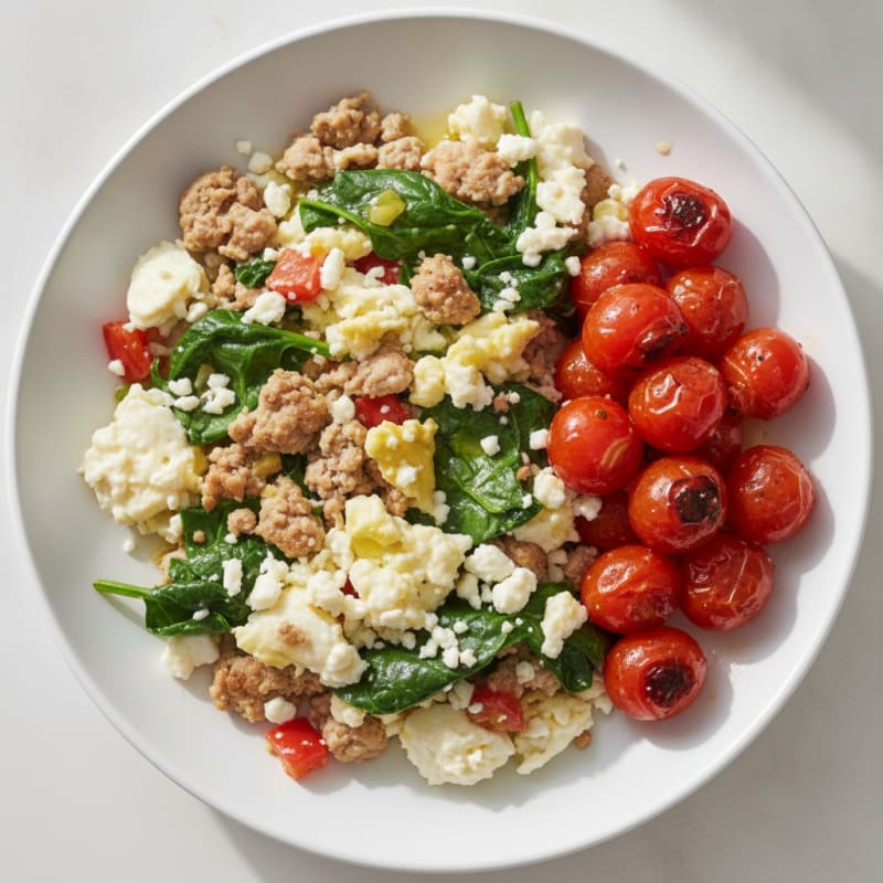 Egg White and Turkey Spinach Scramble with Roasted Cherry Tomatoes
