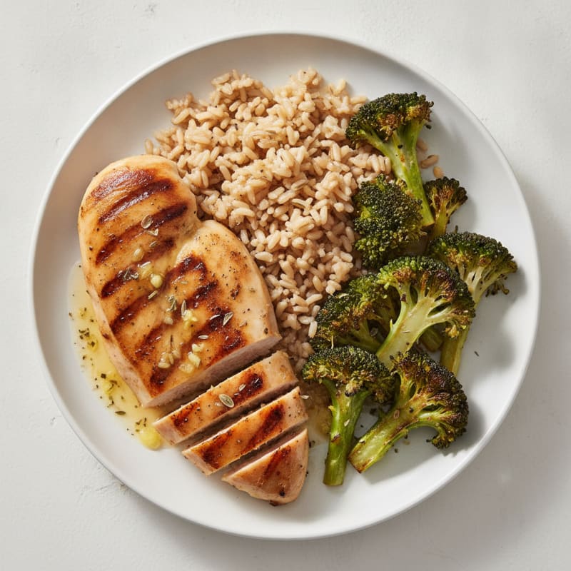 Grilled Chicken Breast with Brown Rice and Roasted Broccoli