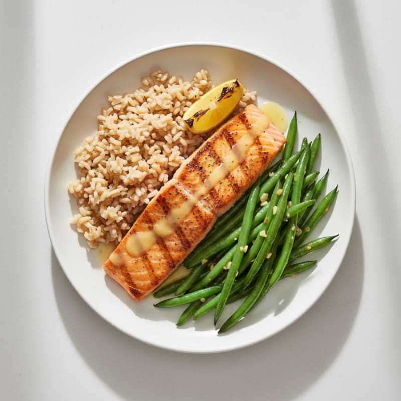 Grilled Salmon with Garlic Green Beans and Brown Rice