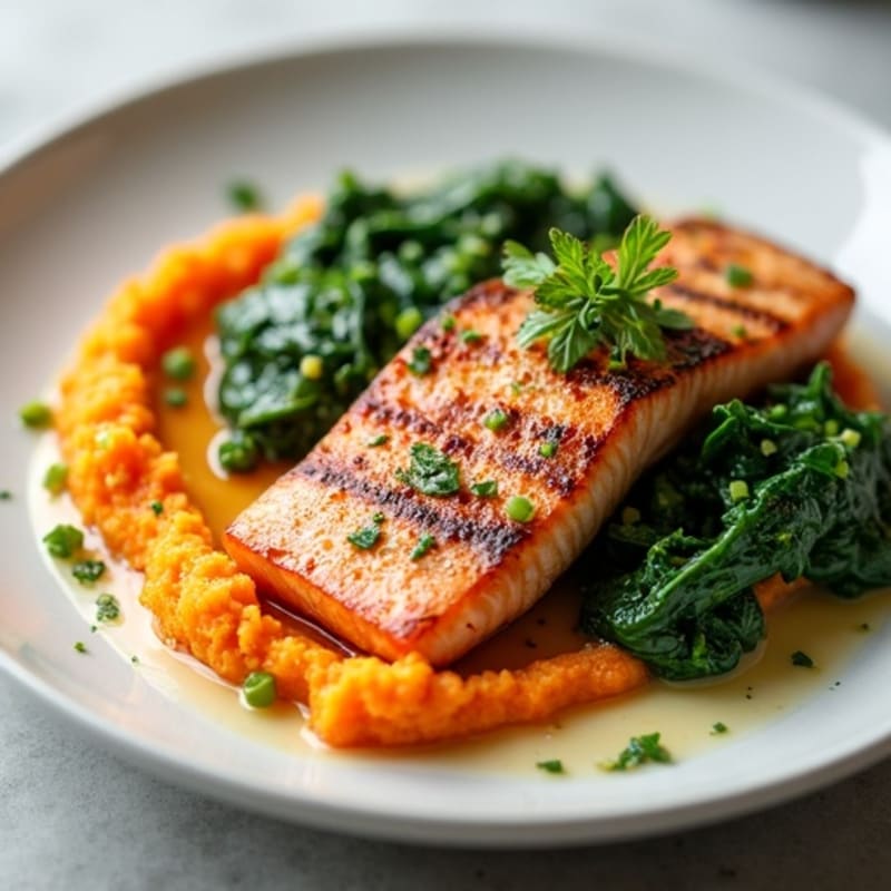 Seared Salmon with Creamy Spinach and Garlic Sweet Potato Mash