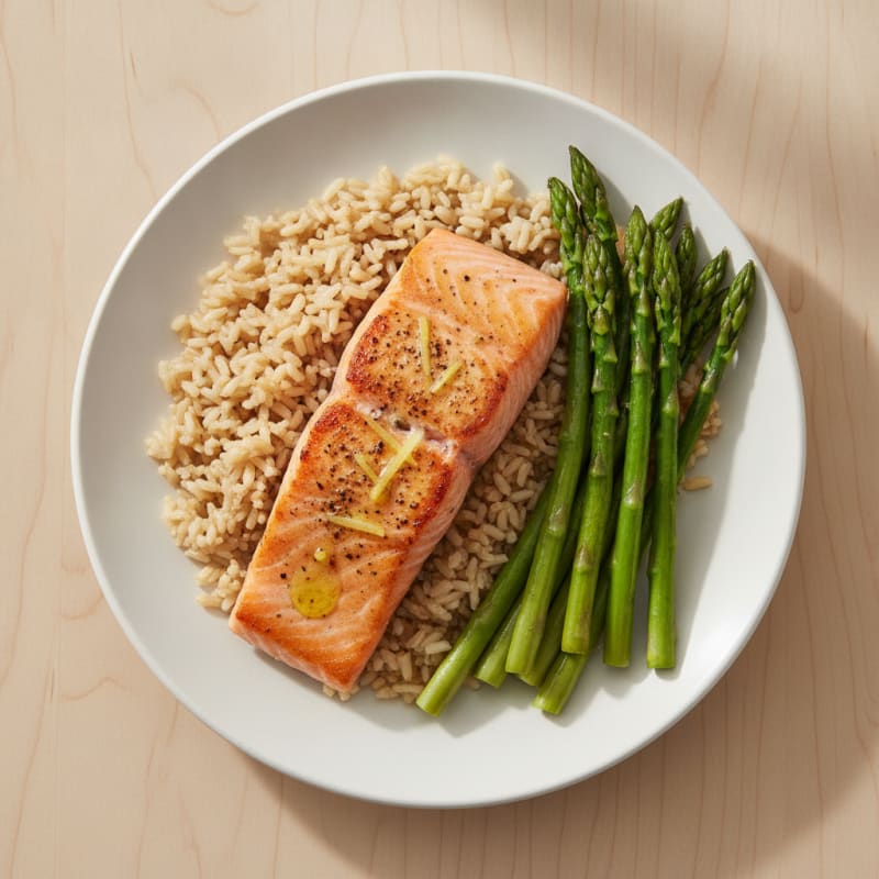 Seared Salmon with Steamed Asparagus and Brown Rice