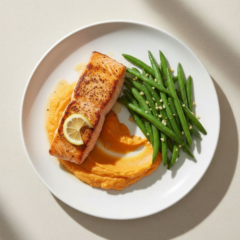 Seared Salmon with Garlic Green Beans and Sweet Potato Mash