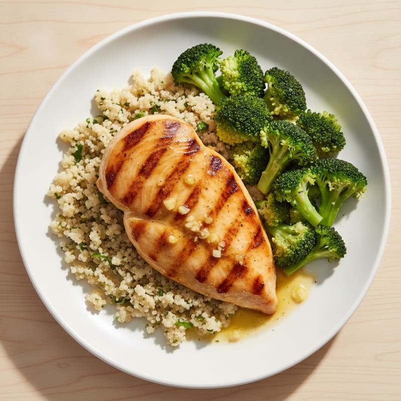 Grilled Lemon-Garlic Chicken Breast with Quinoa and Steamed Broccoli