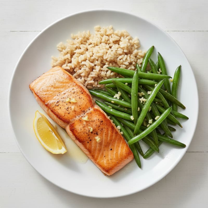Seared Salmon Fillet with Garlic Green Beans and Brown Rice