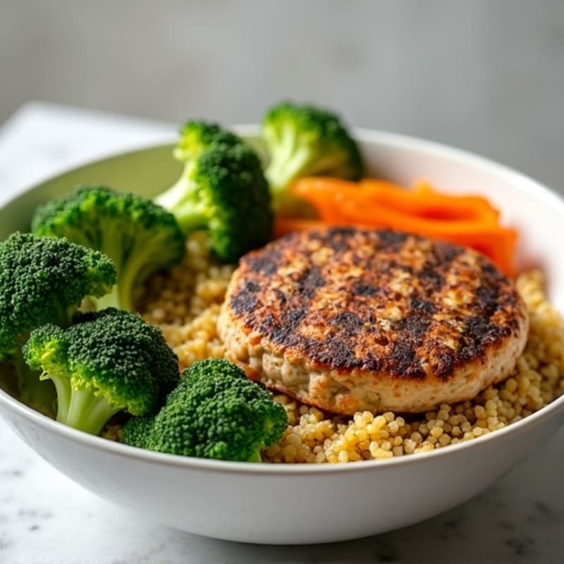Grilled Turkey Burger Bowl with Quinoa and Roasted Broccoli