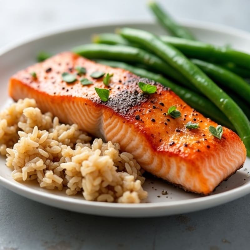 Seared Salmon with Steamed Green Beans and Brown Rice
