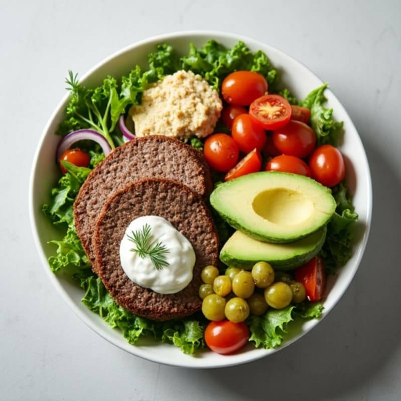 Lean Ground Beef Burger Bowl with Creamy Dill Pickle Dressing
