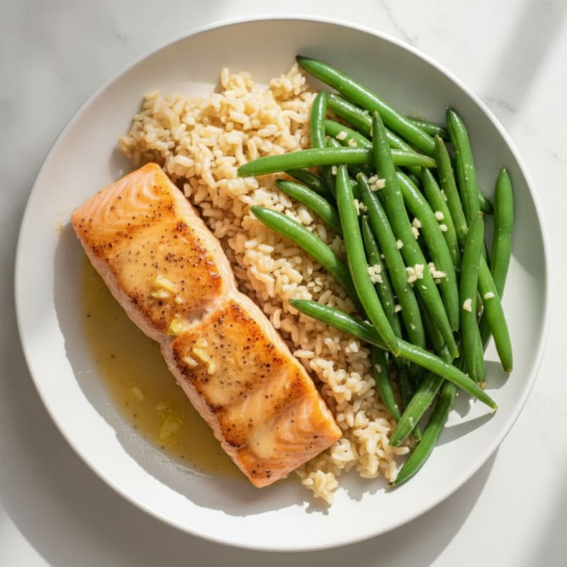 Seared Salmon with Garlic Green Beans and Brown Rice