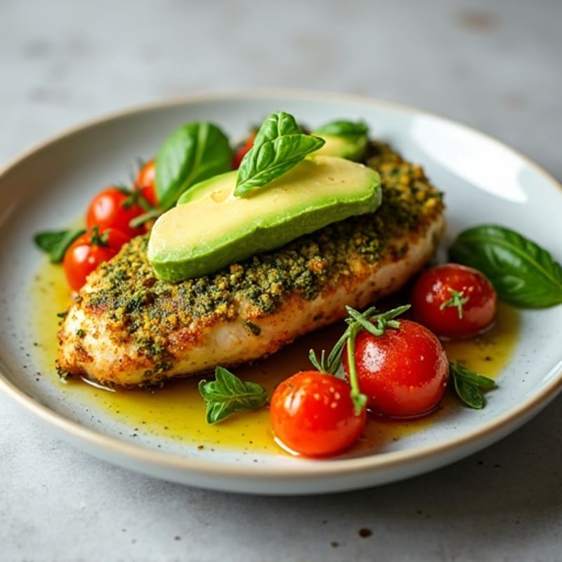 Herb-Crusted Pesto Chicken with Roasted Tomatoes