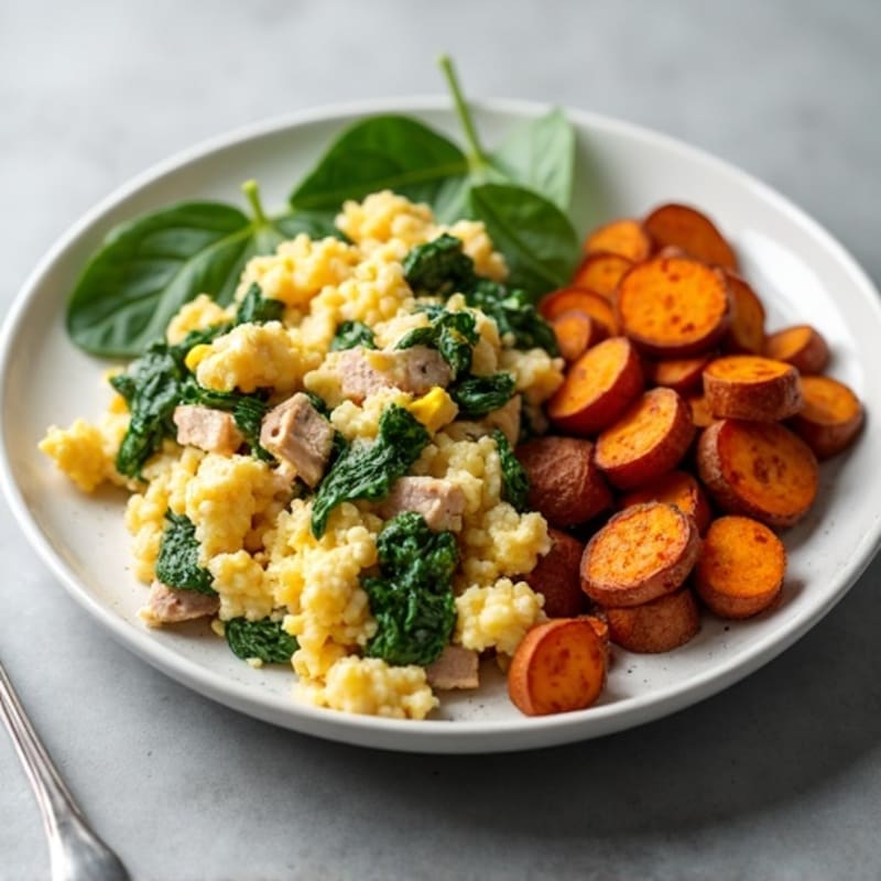 Egg White and Turkey Spinach Scramble with Roasted Sweet Potatoes